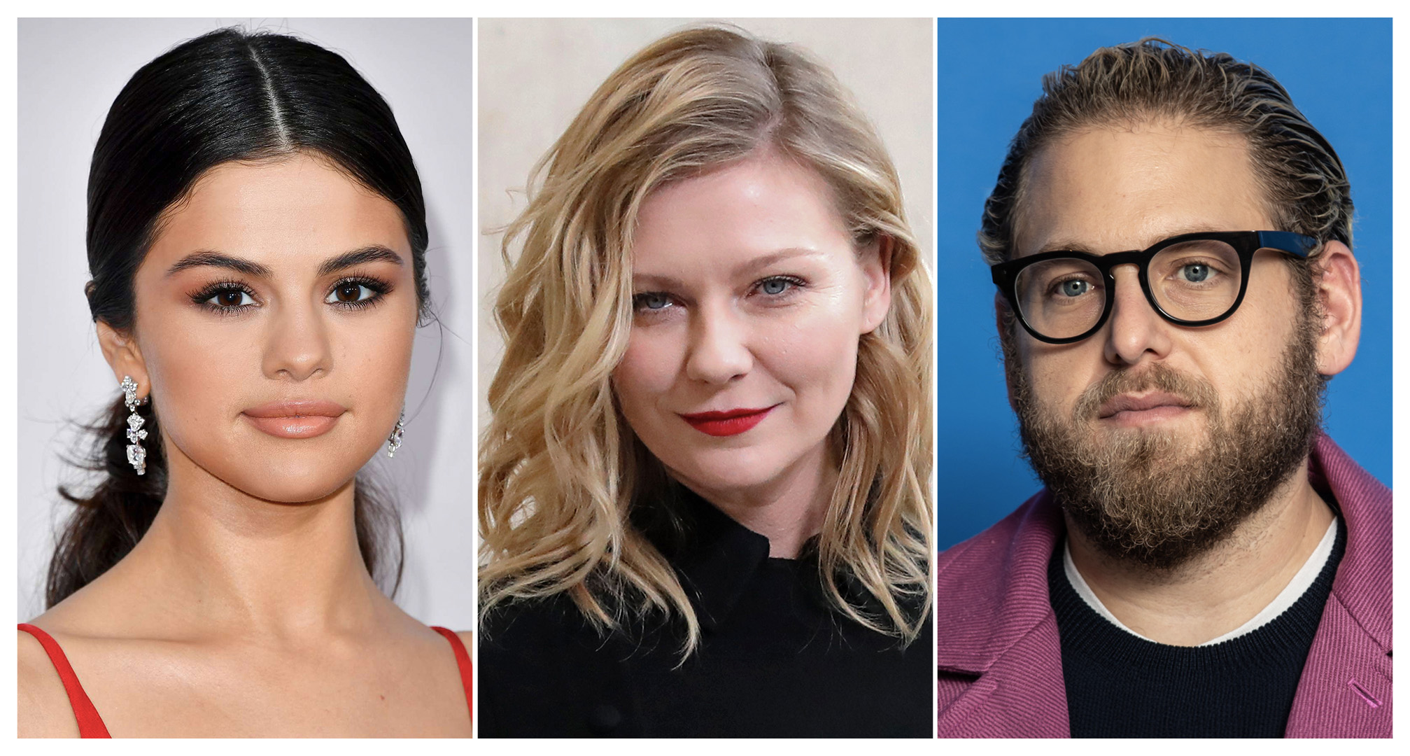 Κολάζ εικόνων των selena gomez, kirsten dunst και jonah hill