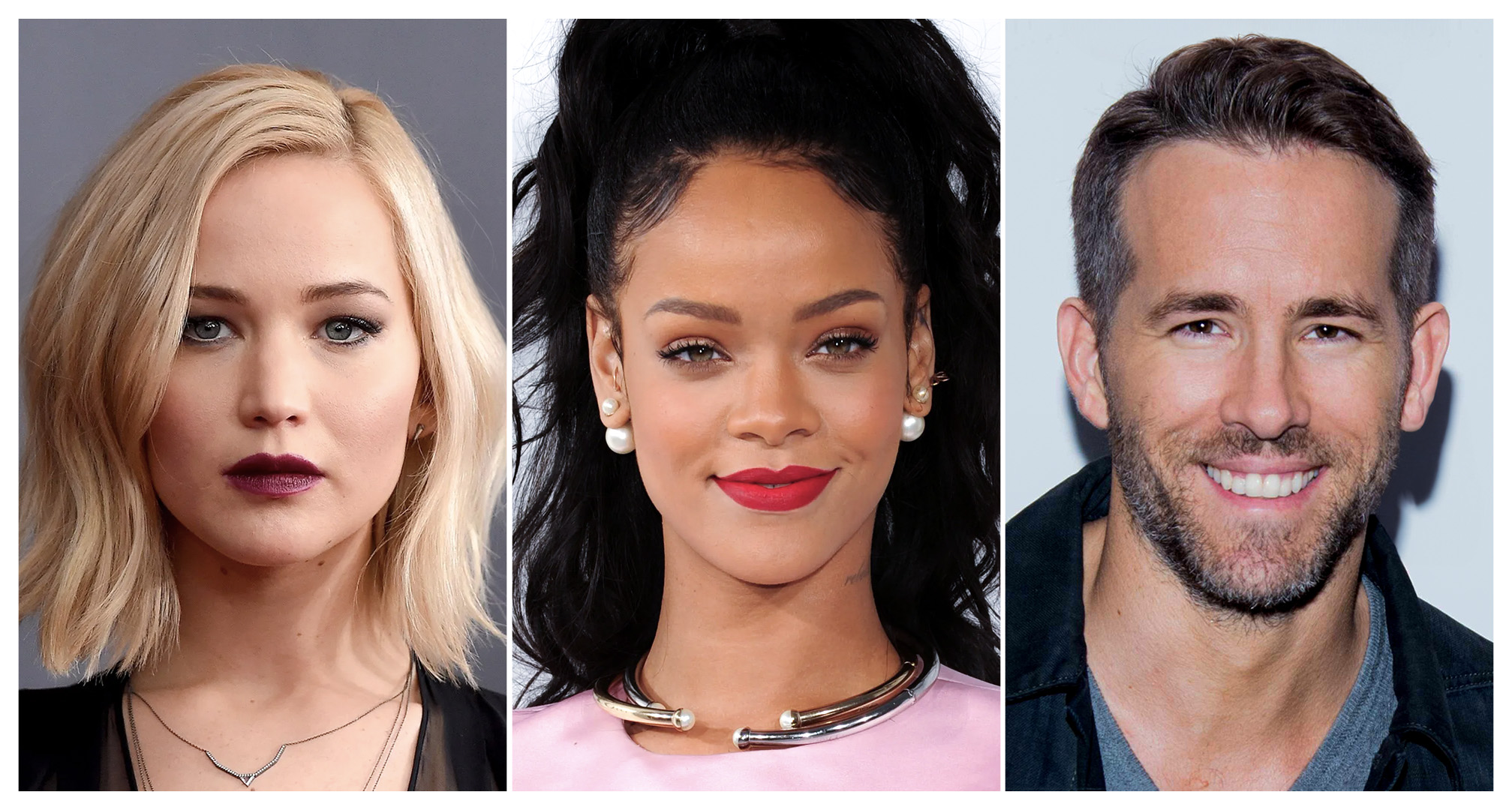 κολάζ φωτογραφιών των jennifer lawrence, rihanna και ryan reynolds