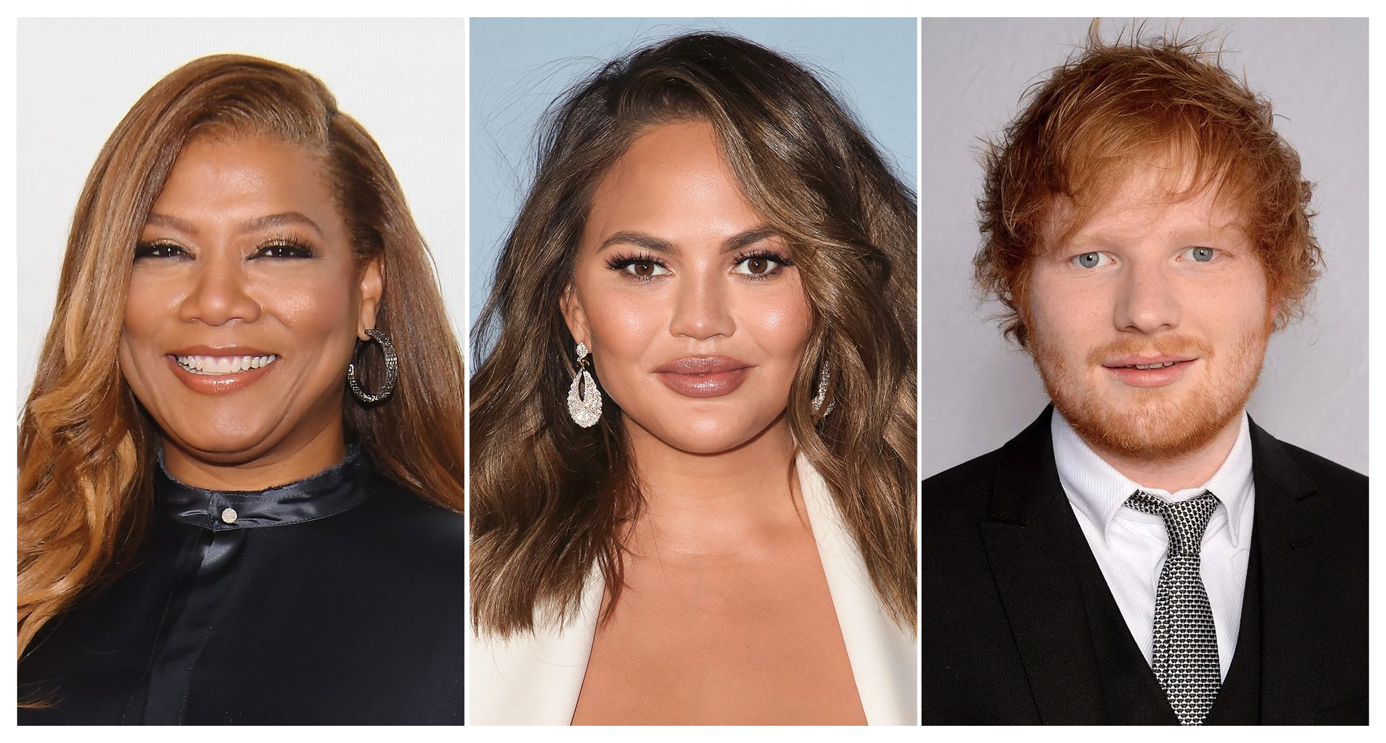 κολάζ της βασίλισσας latifah1, της chrissy teigen και του ed sheeran.